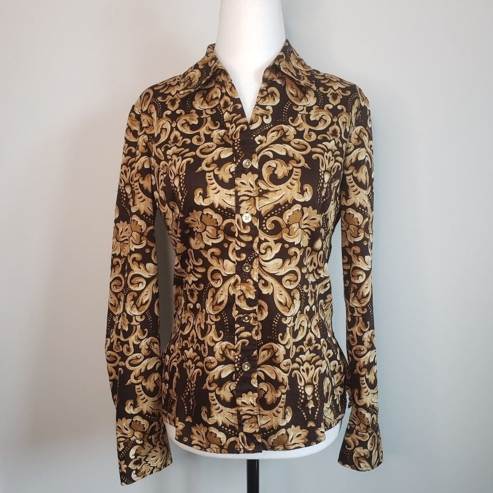 Jones New York Women's Long Sleeve Ornate Printed Top Blouse Size S